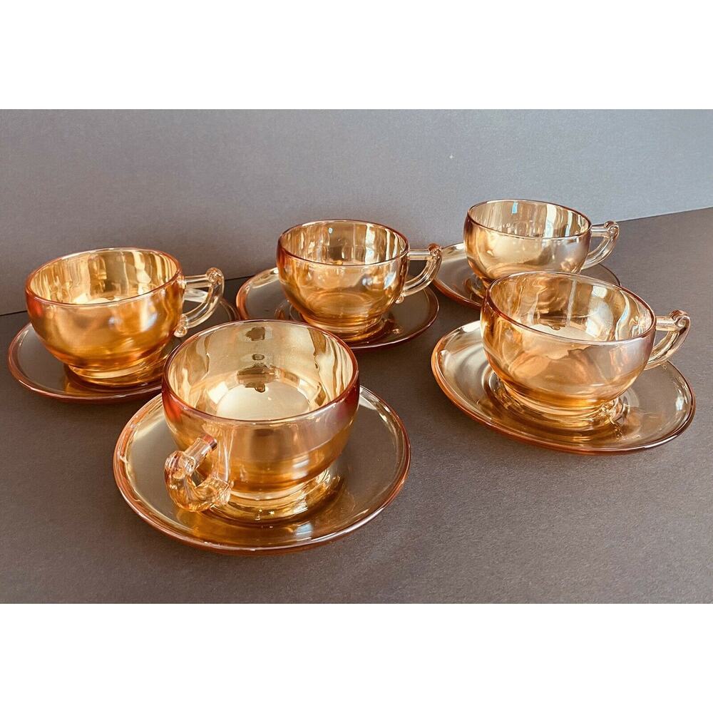 Vintage Jeanette Marigold Carnival Glass Iridescent Camellia 5 Teacups/Saucers - Picture 4 of 11